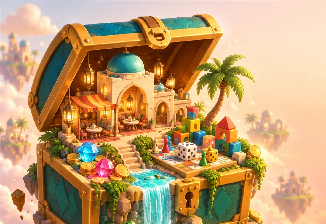 A playful 3D treasure chest spilling out tiny game worlds: an Arab café, building blocks and a board game