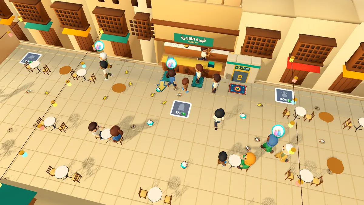 Gameplay: guests at the Cairo café while the player collects trash